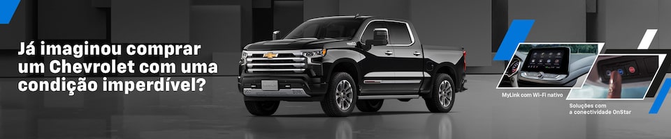 Propaganda da Chevrolet apresentando uma picape preta sobre fundo geométrico cinza. O texto diz Já imaginou comprar um Chevrolet com uma condição imperdível?