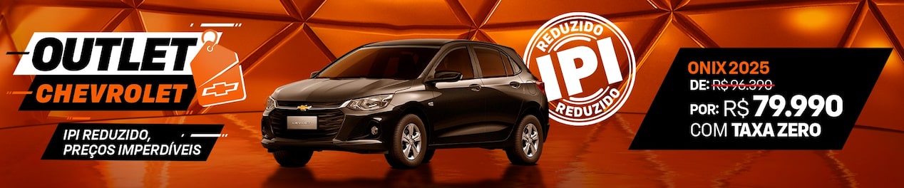Fundo geométrico laranja com carro exposto. O texto destaca Outlet Chevrolet, descontos para zerar o pátio. E um selo com a informação de IPI reduzido