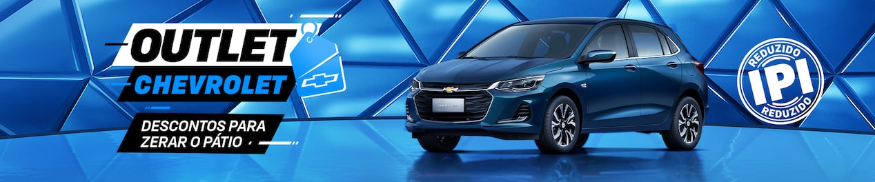 Fundo geométrico azul com carro exposto. O texto destaca Outlet Chevrolet, descontos para zerar o pátio. E um selo com a informação de IPI reduzido