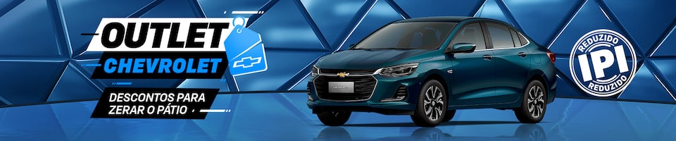 Fundo geométrico azul com carro exposto. O texto destaca Outlet Chevrolet, descontos para zerar o pátio. E um selo com a informação de IPI reduzido