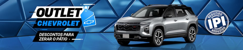 Fundo geométrico azul com carro exposto. O texto destaca Outlet Chevrolet, descontos para zerar o pátio. E um selo com a informação de IPI reduzido