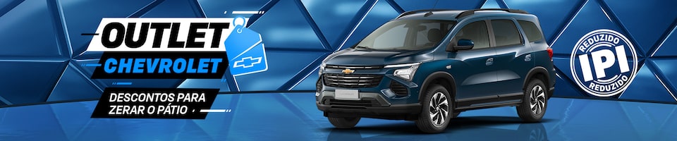 Fundo geométrico azul com carro exposto. O texto destaca Outlet Chevrolet, descontos para zerar o pátio. E um selo com a informação de IPI reduzido