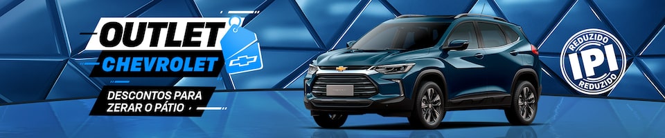 Fundo geométrico azul com carro exposto. O texto destaca Outlet Chevrolet, descontos para zerar o pátio. E um selo com a informação de IPI reduzido