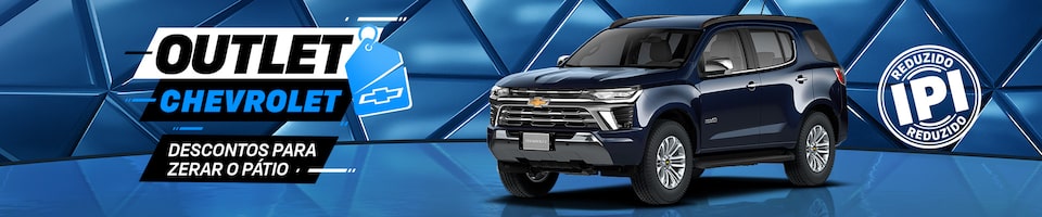Fundo geométrico azul com carro exposto. O texto destaca Outlet Chevrolet, descontos para zerar o pátio. E um selo com a informação de IPI reduzido
