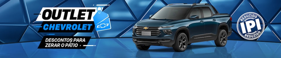 Fundo geométrico azul com carro exposto. O texto destaca Outlet Chevrolet, descontos para zerar o pátio. E um selo com a informação de IPI reduzido