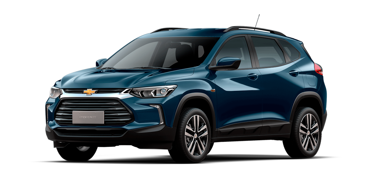 Um carro azul da Chevrolet SUV é mostrado a partir de um ângulo do lado da frente em um fundo branco.