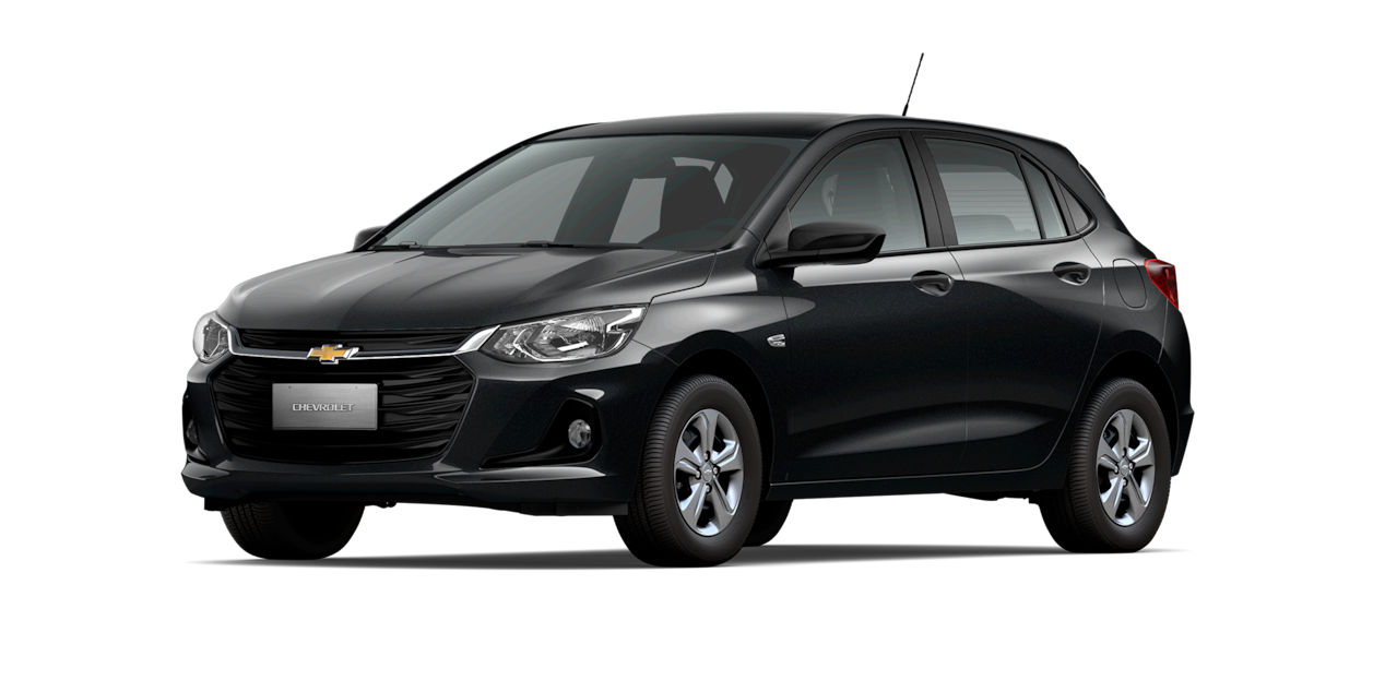 Um carro preto da Chevrolet Hatchback é mostrado a partir de um ângulo do lado da frente em um fundo branco.