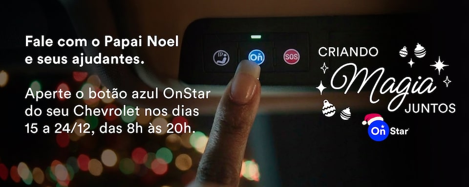 Banner comemorativo de Natal desenvolvido para OnStar®. Em primeiro plano, os três botões OnStar (branco, azul e vermelho) localizados no retrovisor acompanhados por um dedo indicador que faz menção de apertar o botão azul, ao meio. No quadrante superior, o texto: Fale com o Papai Noel e seus ajudantes. Aperte o botão azul OnStar do seu Chevrolet nos dias 15 a 24/12, das 8h às 20h. No quadrante inferior, a assinatura: Criando magia juntos e o logo OnStar.