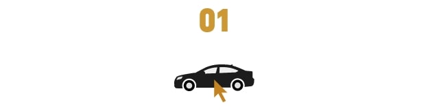 Ícone de um carro sedã preto, com uma seta dourada em cima, mencionando o primeiro passo do "Adicionar à garagem". Diz: "Primeiro, navegue pelo estoque das concessionárias Chevrolet e escolha seu modelo".