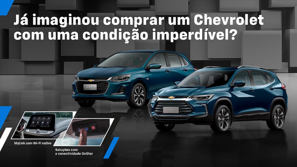 Propaganda da Chevrolet apresentando uma picape preta sobre fundo geométrico cinza. O texto diz Já imaginou comprar um Chevrolet com uma condição imperdível?.