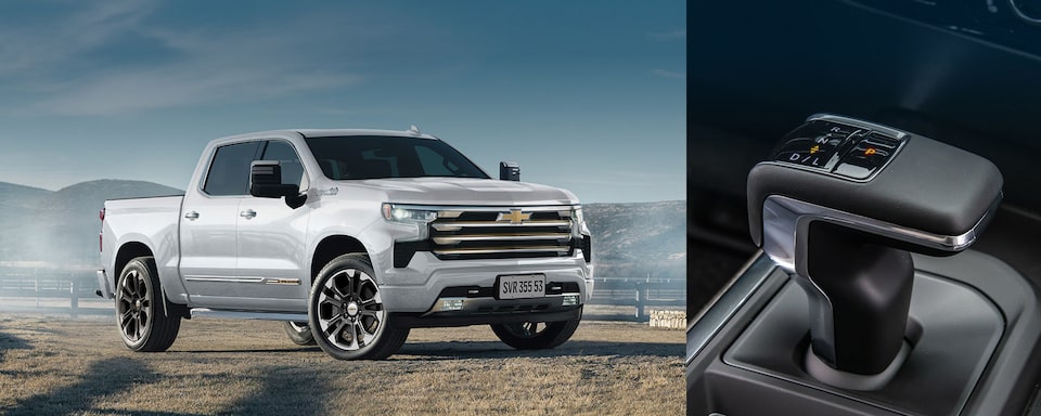 Imagem com duas fotos: à esquerda, uma Silverado na cor Cinza Rush, em uma estrada de terra; à direita, uma imagem interna focando no câmbio automático.