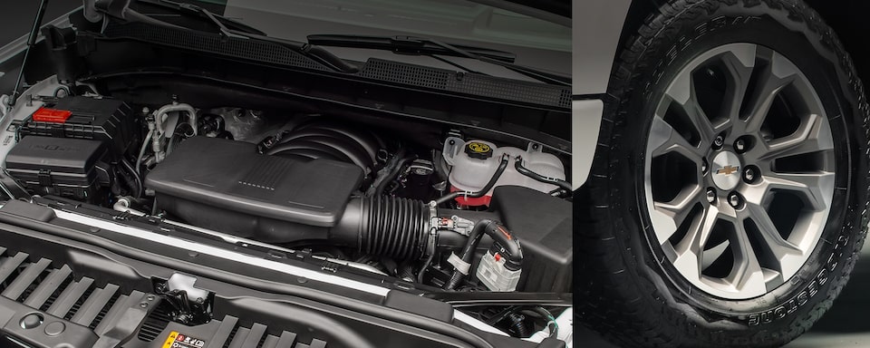 Imagem do motor V8 5.3L de 360CV de uma Silverado High Country, junto da roda em 1/3 da imagem.
