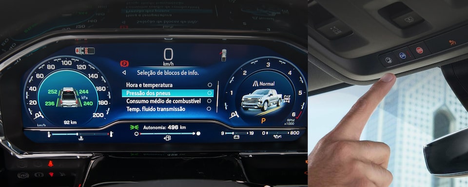 2/3 da imagem mostrando o painel do volante, 1/3 mostrando os botões superiores próximos ao retrovisor central interno do veículo.