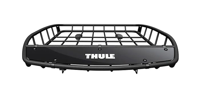Bagageiro de teto aberto THULE – Canion: robusto, funcional e fácil de carregar e descarregar; é capaz de suportar até 68kg no teto da Nova Chevrolet Montana 2023.