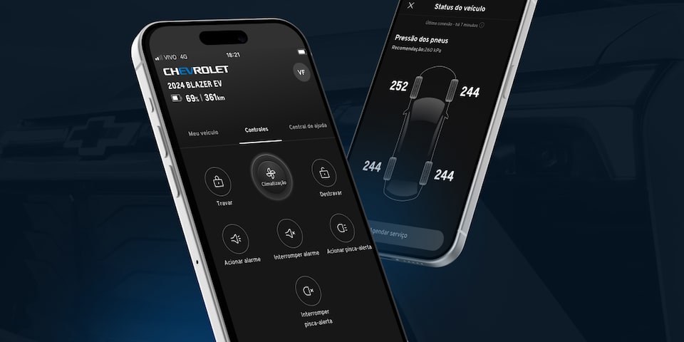 Imagem da tela de um celular, mostrando algumas funcionalidades do aplicativo MyChevrolet.