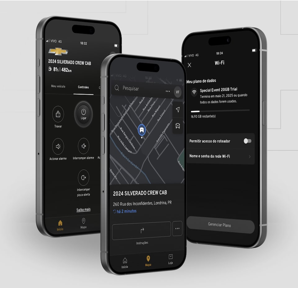 Imagem com tres celulares para saber tudo sobre seu Chevrolet na palma da sua mão