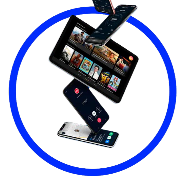 Imagem com celulares e tablets empilhados, dentro de um círculo azul, indicando explorar mais sobre o serviço OnStar.