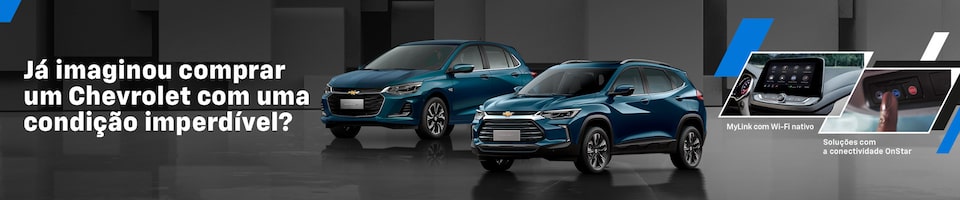 Dois carros Chevrolet azul escuro, são exibidos contra um fundo cinza. O texto diz "Já imaginou comprar um Chevrolet com uma condição imperdível?"
