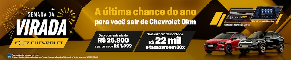 Anúncio do evento VIRADA da Chevrolet oferecendo descontos em veículos, com imagens de dois carros e texto em português detalhando preços e opções de financiamento.