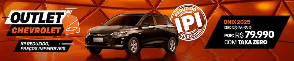 Fundo geométrico laranja com carro exposto. O texto destaca Outlet Chevrolet, descontos para zerar o pátio. E um selo com a informação de IPI reduzido