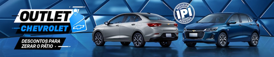 Fundo geométrico azul com carro exposto. O texto destaca Outlet Chevrolet, descontos para zerar o pátio. E um selo com a informação de IPI reduzido