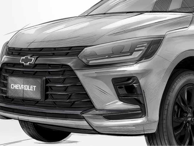 Um desenho realista com a frente de um Onix Activ Prata, exibindo faróis em LED, grade frontal com logo Chevrolet, para-choque, rodas pretas e placa Chevrolet