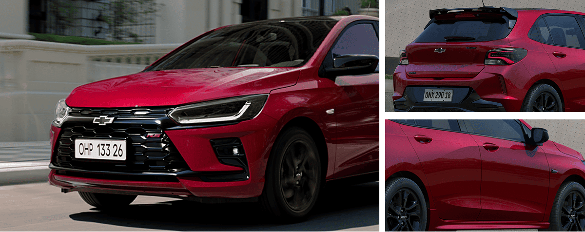 Chevrolet Onix RS vermelho em movimento na cidade com design esportivo, grade frontal preta e faróis modernos