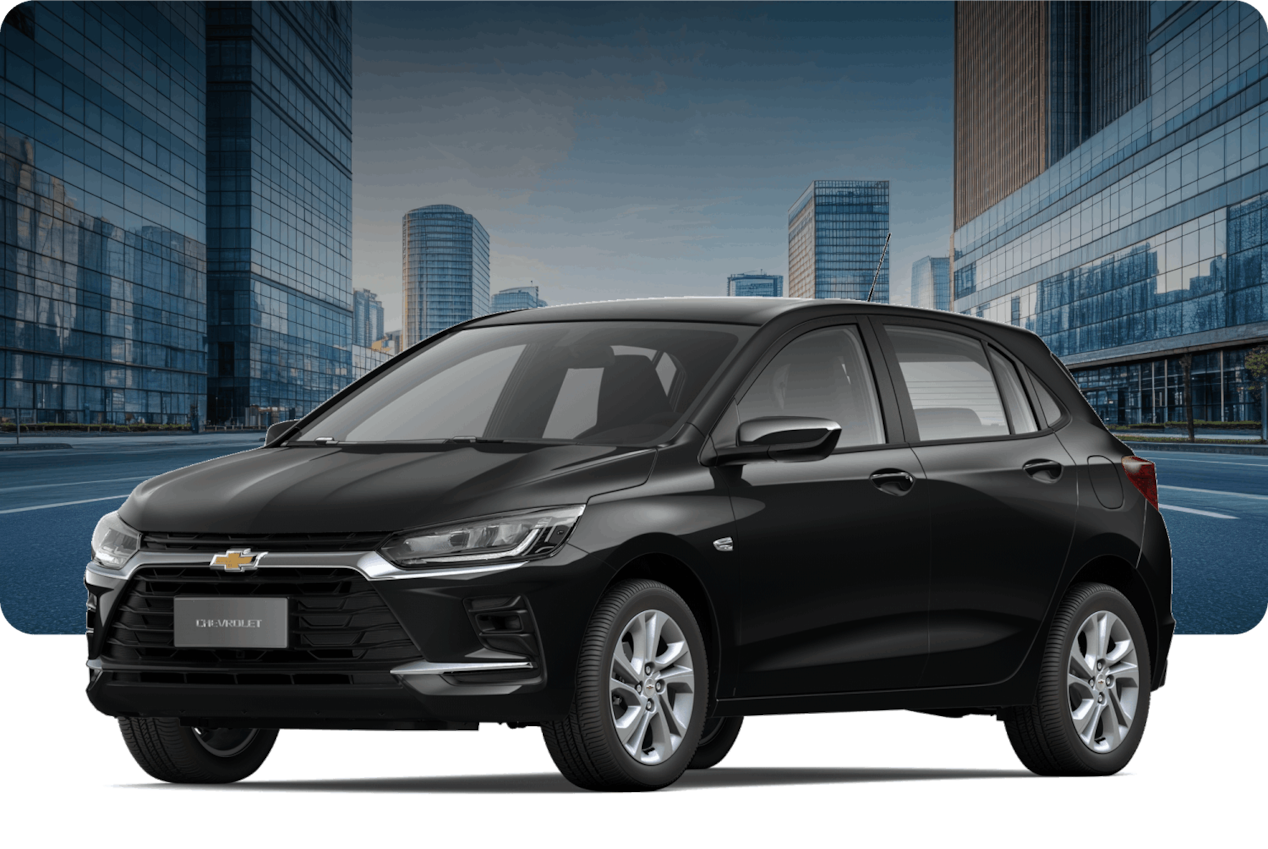 Chevrolet Onix LT Turbo na cor Preto Ouro Negro, em cenário urbano.