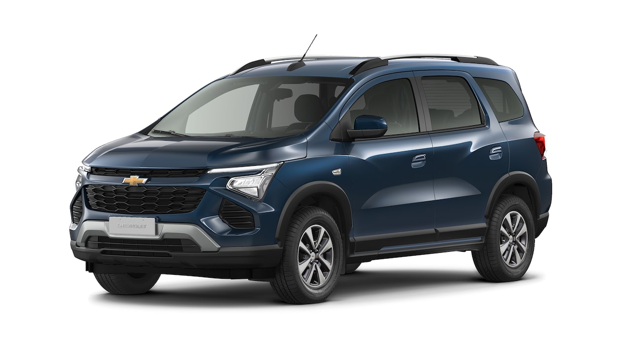 Imagem frontal do novo Chevrolet Spin, versão premier, na cor Azul Boreal.