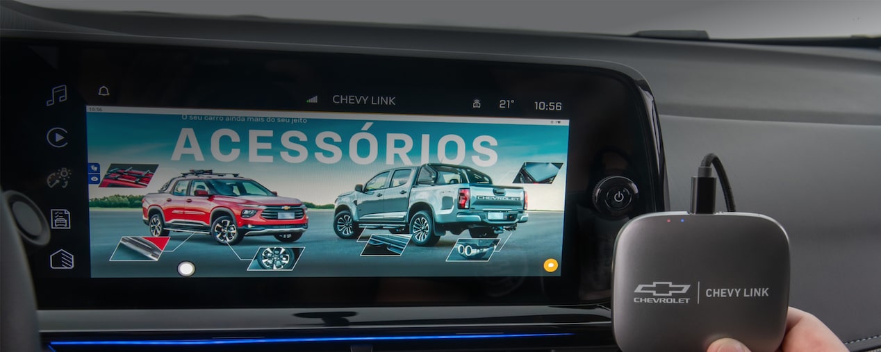 Masthead com destaque para a central multimídia MyLink do Chevrolet Tracker 2026 conectado do Chevy Link