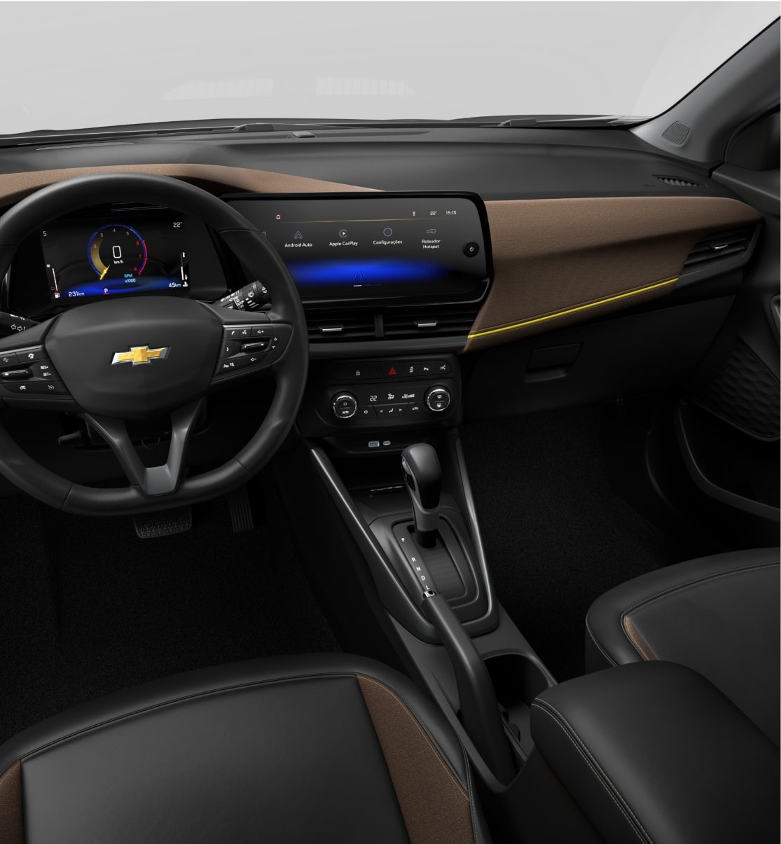 Detalhes do acabamento interior da porta e volante do Chevrolet Tracker.