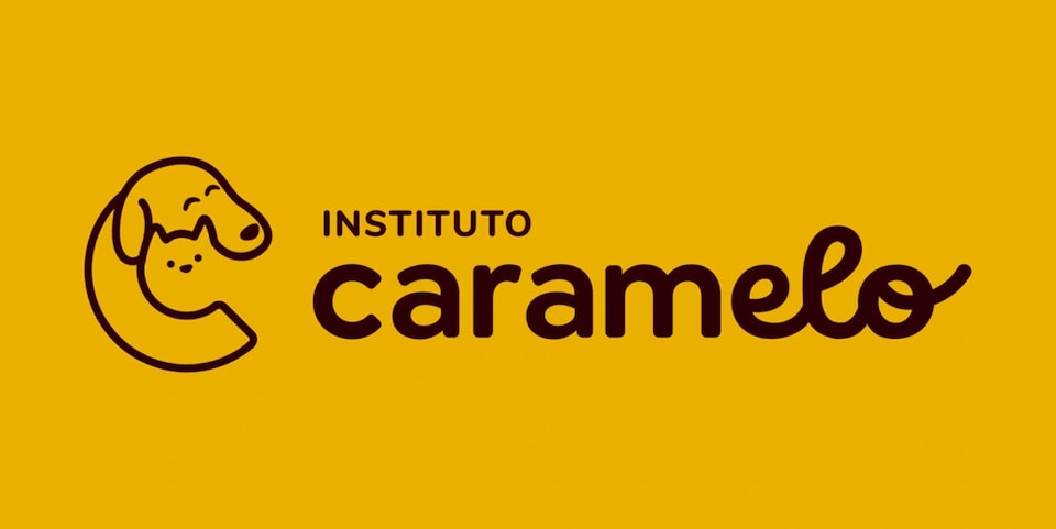 Logotipo do Instituto Caramelo com desenho de cachorro estilizado e texto Instituto Caramelo em marrom sobre fundo amarelo