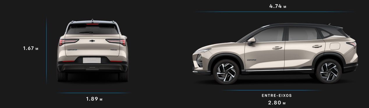 Ilustração técnica do SUV Chevrolet Captiva EV, mostrando medidas de altura, largura, comprimento e entre-eixos em vista traseira e lateral.