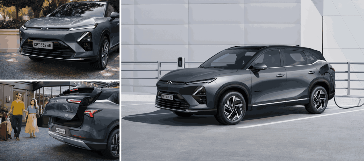Montagem com três imagens do SUV Chevrolet Captiva EV: uma mostrando a dianteira do carro, outra com o porta-malas aberto e um casal com malas, e a terceira com o veículo sendo carregado em um ponto de recarga elétrica.