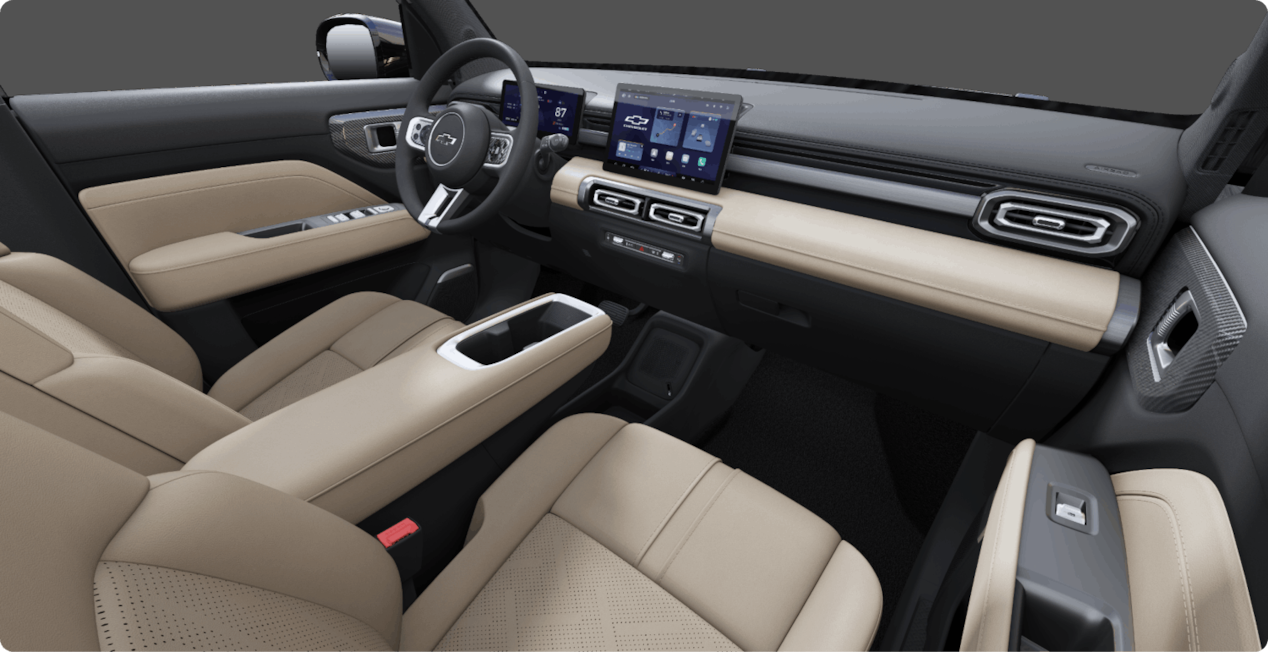 Versão do interior do Spark EUV com bancos em tom claro, console moderno e tela multimídia em destaque.