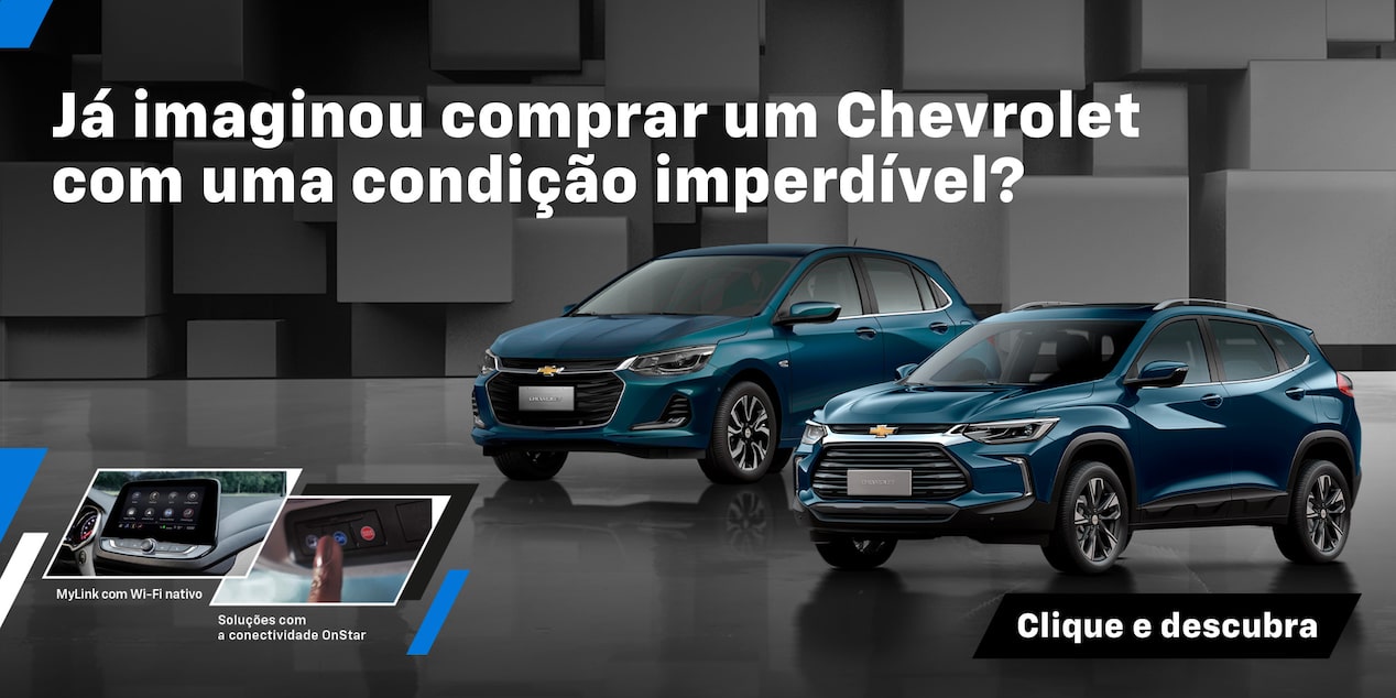 Dois carros Chevrolet azul escuro, são exibidos contra um fundo cinza. O texto diz Já imaginou comprar um Chevrolet com uma condição imperdível?