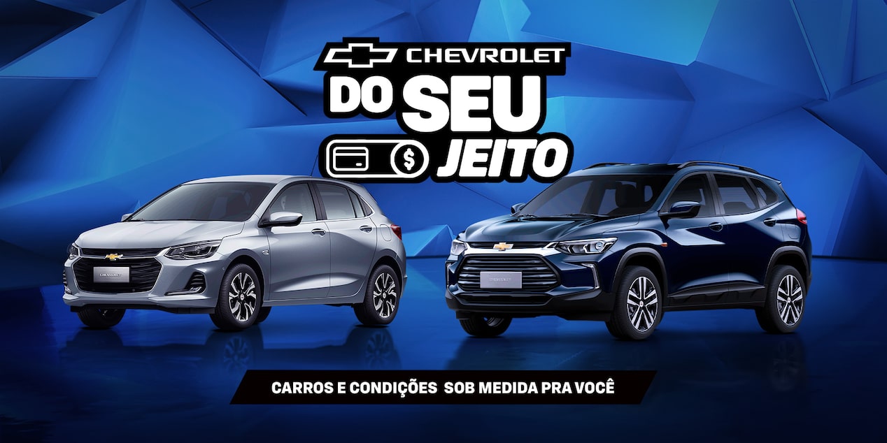 Propaganda da Chevrolet apresentando um SUV branco sobre fundo geométrico azul. O texto diz Chevrolet do seu jeito e Carros e condições sob medida pra você.