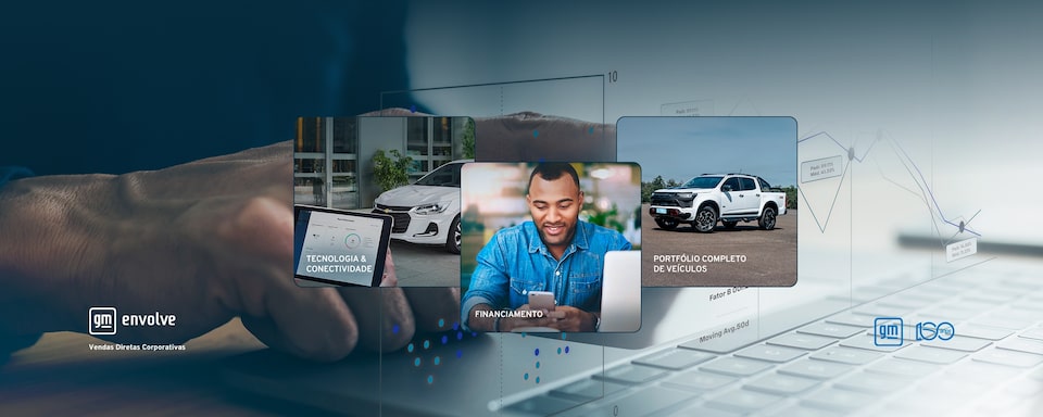 3 Imagens, 1 de um carro com um tablet, de um homem no celular e uma picape, representando o GM Envolve