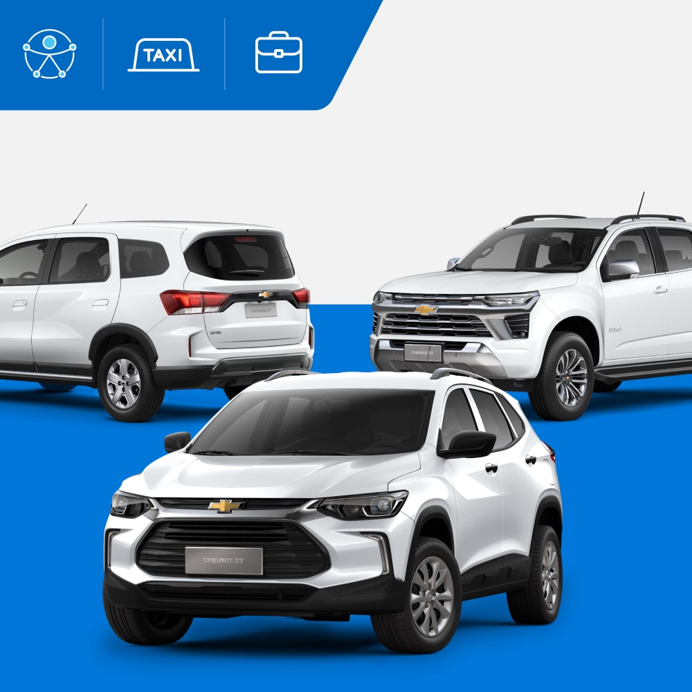 Três SUVs Chevrolet posicionados sobre fundo azul e branco com ícones de segurança, conectividade e conforto no topo.