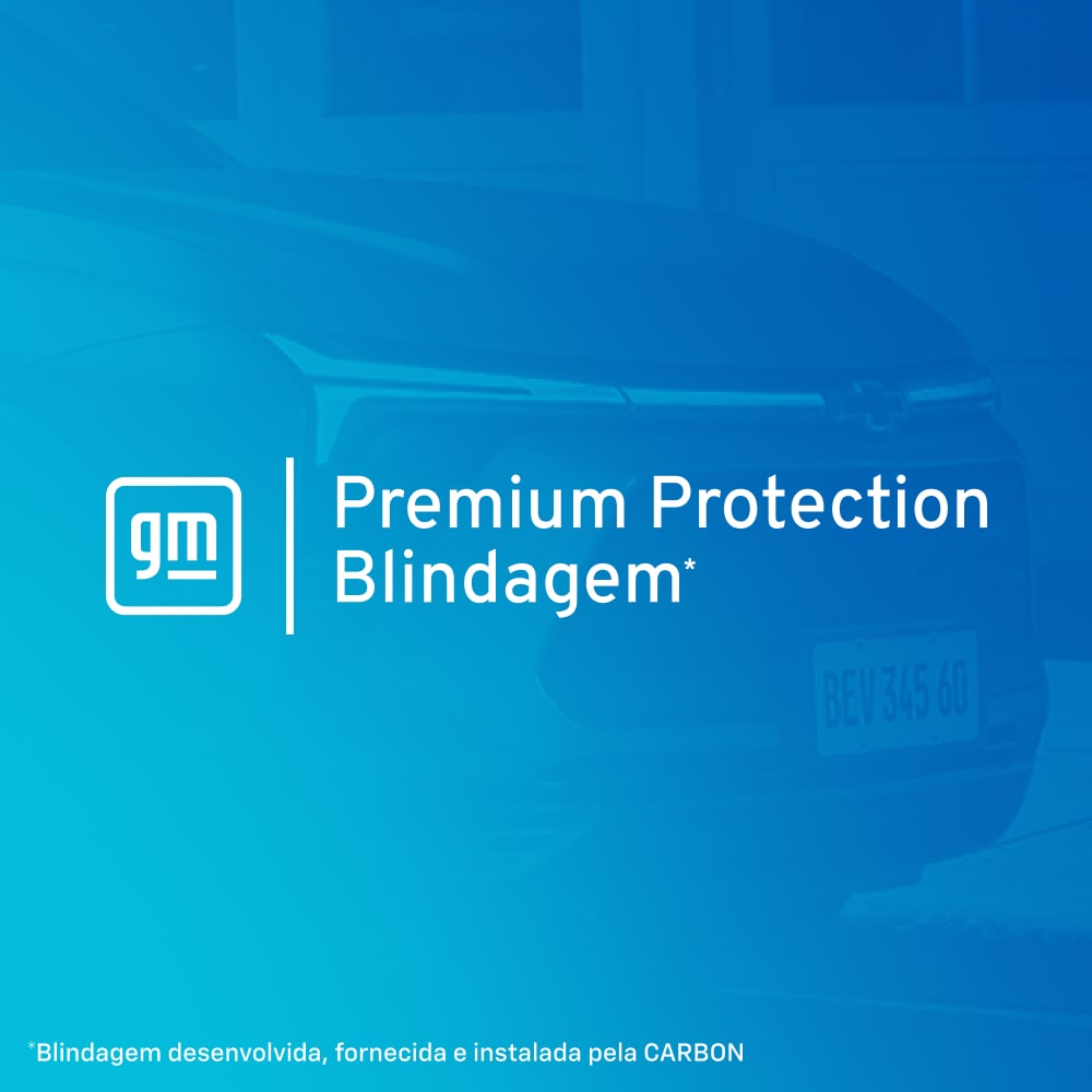 Logotipo GM com o texto Premium Protection Blindagem sobre um fundo azul-esverdeado com a silhueta de um carro ao fundo.