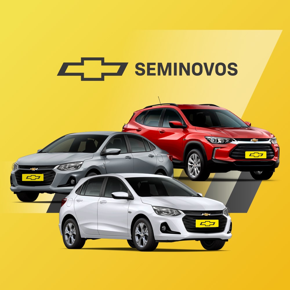 Três carros da Chevrolet - Onix Sedan, Onix hatch e Tracker - são exibidos sobre um fundo amarelo com o logotipo da Chevrolet e a palavra Seminovos acima deles.