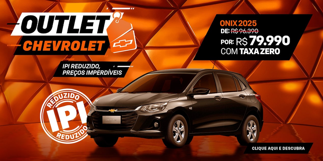  Fundo geométrico laranja com carro exposto. O texto destaca Outlet Chevrolet, descontos para zerar o pátio. E um selo com a informação de IPI reduzido