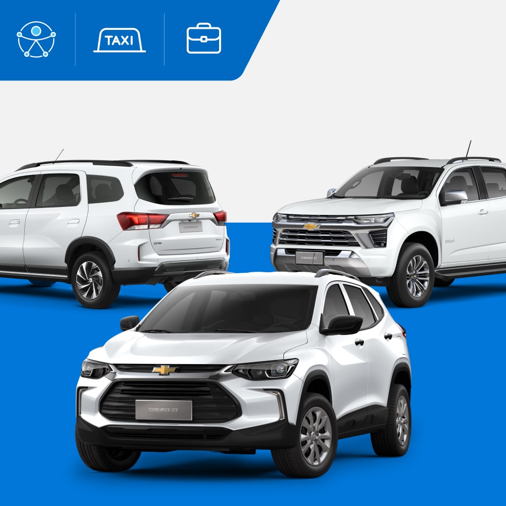Três SUVs Chevrolet posicionados sobre fundo azul e branco com ícones de segurança, conectividade e conforto no topo.