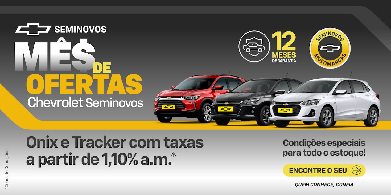 Banner com as ofertas de seminovos Chevrolet para o mês de dezembro. Arte predominantemente prateada, com grafismos em tons de amarelo e ouro. À esquerda, o texto: Seminovos - mês de ofertas Chevrolet seminovos. À esquerda e abaixo, o texto: Onix e Tracker com taxas a partir de 1,10% a.m". À direta, dois Onix e um Tracker encimados pelo selo de 12 meses de garantira e pelo logo seminovos multimarcas. À direita e abaixo, o texto: Condições especiais para todo o estoque!, seguido do CTA: encontre o seu e da assinatura: quem conhece, confia.