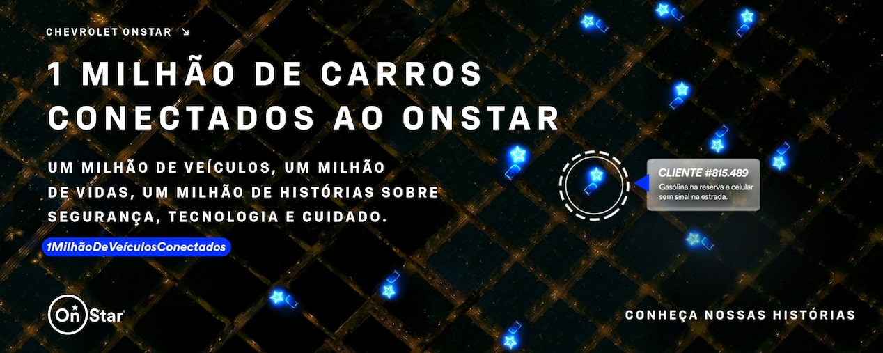 Banner predominantemente preto com grafismos em branco e azul brilhante. O título diz: 1 milhão de carros conectados ao OnStar; o subtítulo diz: um milhão de veículos, um milhão de vidas. um milhão de histórias