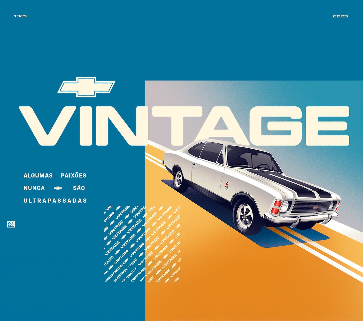 Imagem ilustrativa estilo retrô com fundo azul e laranja em. Em destaque, o texto VINTAGE acompanhado do logotipo da Chevrolet, seguido da frase Algumas paixões nunca são ultrapassadas. À direita, ilustração de um carro clássico Chevrolet Opala branco com faixas pretas, em perspectiva de três quartos, sobre uma estrada estilizada.