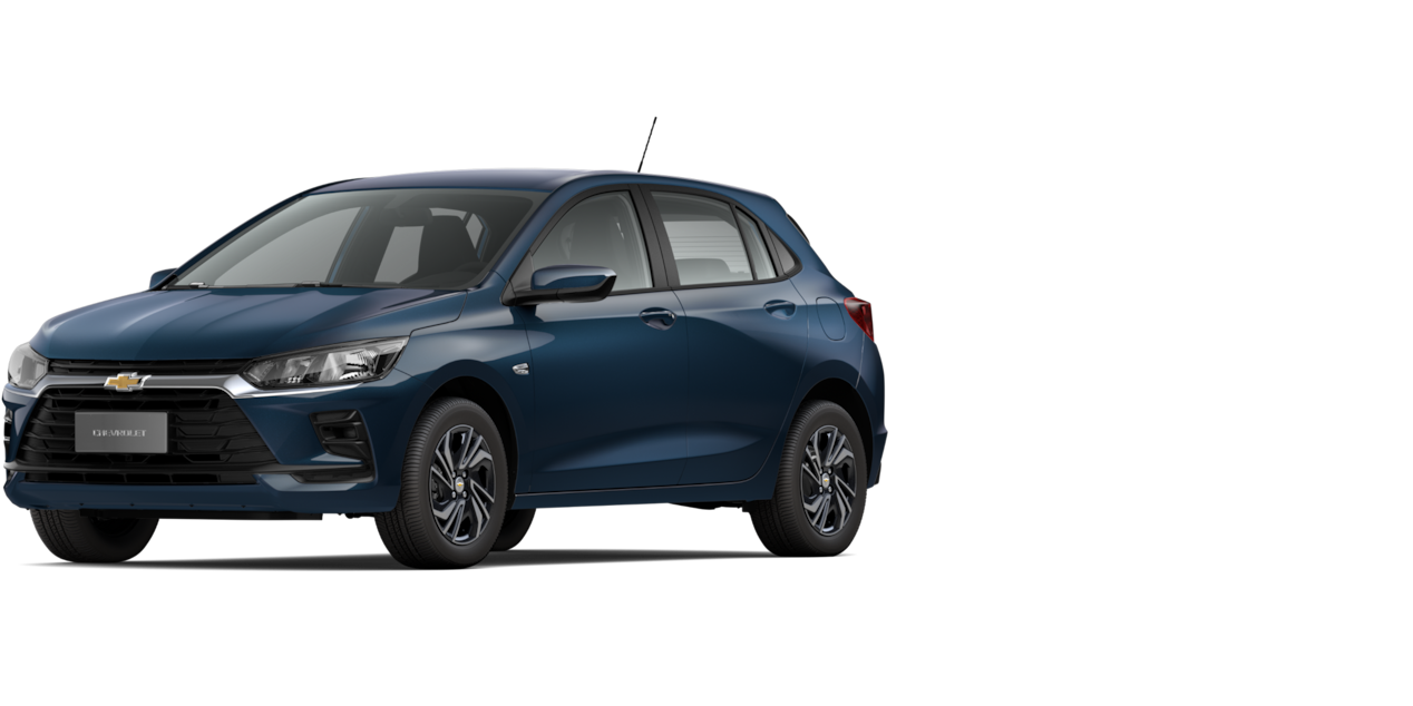 Chevrolet Onix 1.0 visto de frente e lateral direita, estacionado em fundo neutro.