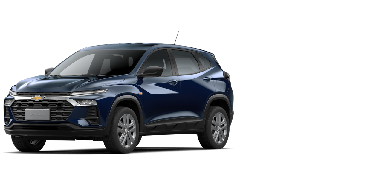 Chevrolet Tracker LT visto de frente e lateral direita, estacionado em fundo neutro.