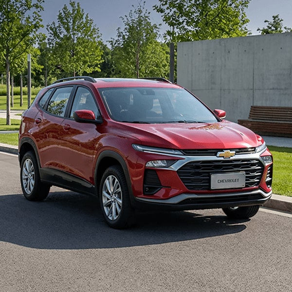 Novo Chevrolet Tracker Premier vermelho em destaque, com desconto de R$ 29.800 e taxa 0%, acompanhado de botões para explorar ofertas e encontrar uma concessionária Chevrolet.