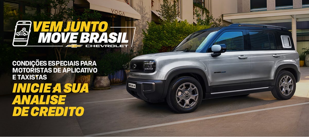Banner promocional da Chevrolet no Brasil exibindo SUV Spark EUV, prata estacionado em área urbana residencial, com destaque para campanha Vem Junto Move Brasil. Texto informa condições especiais para motoristas de aplicativo e taxistas, convidando para iniciar análise de crédito online. Comunicação visual com branding Chevrolet e chamada Clique e confira, direcionada a público brasileiro interessado em financiamento de carro.